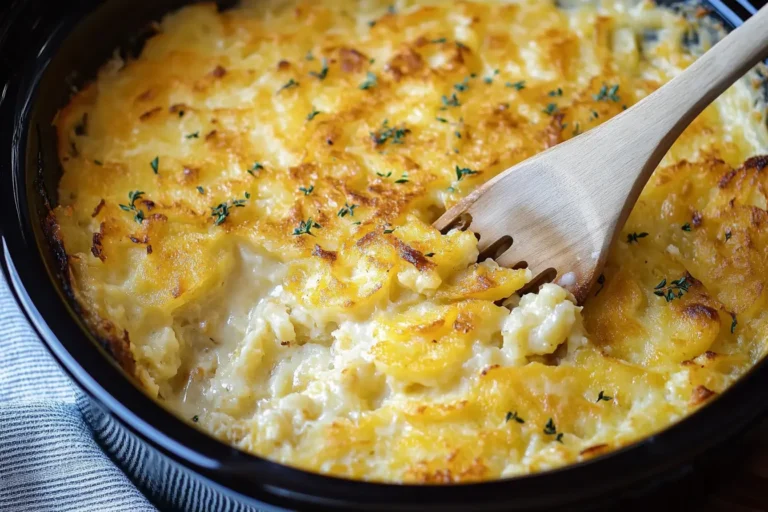 Crockpot hashbrown casserole with golden melted cheese in white ceramic baking dish, garnished with fresh parsley