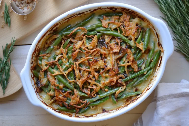 Lactose free green bean casserole in white oval dish with crispy fried onions on wooden surface, garnished with fresh rosemary