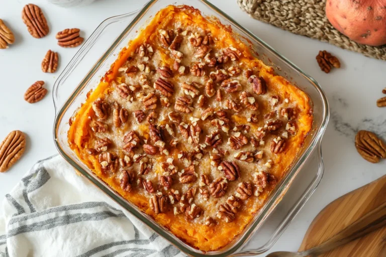 Paleo sweet potato casserole in glass square dish covered with whole pecans, with scattered pecans and pumpkin nearby