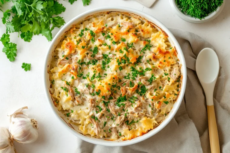 Lightened tuna casserole in white round dish with golden cheese topping, fresh parsley, and garlic cloves nearby
