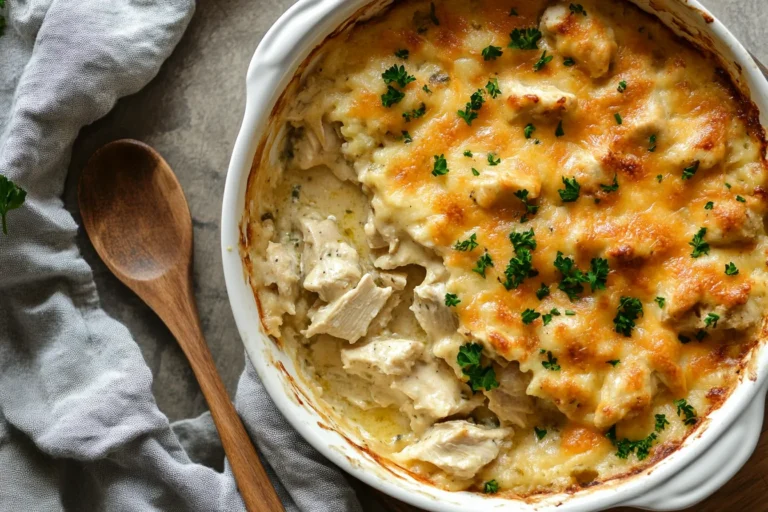 Ketogenic chicken casserole in white round dish with golden melted cheese, wooden spoon, and fresh parsley garnish