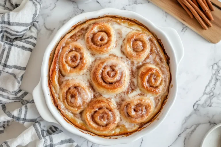 Eight cinnamon sugar rolls in round white dish with crystallized sugar coating