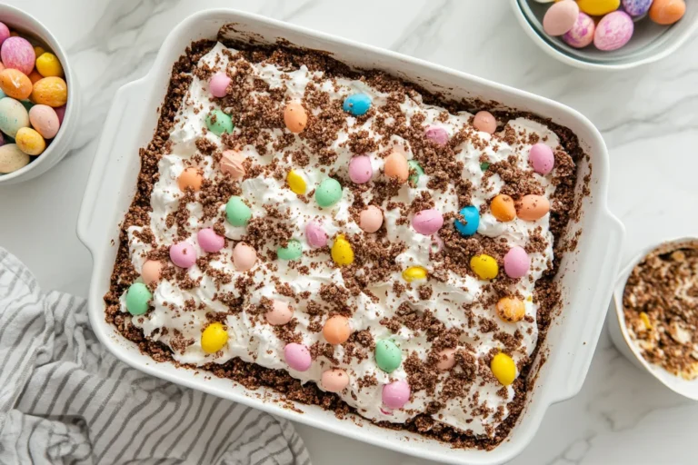 Chocolate spring dirt cake with pastel candy eggs and whipped cream in white dish