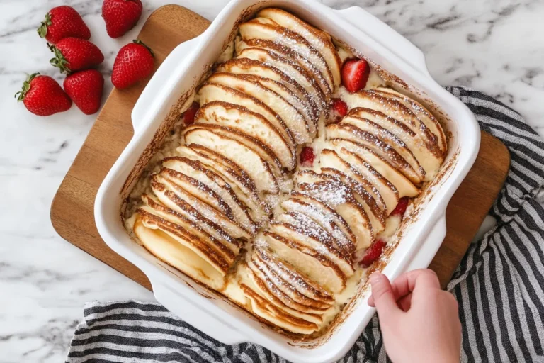 Rectangular baking dish filled with baked pancake squares topped with strawberry slices