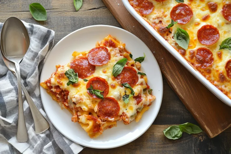 Casserole pizza recipe slice on white plate with pepperoni, melted cheese, and fresh parsley, silver spoon beside