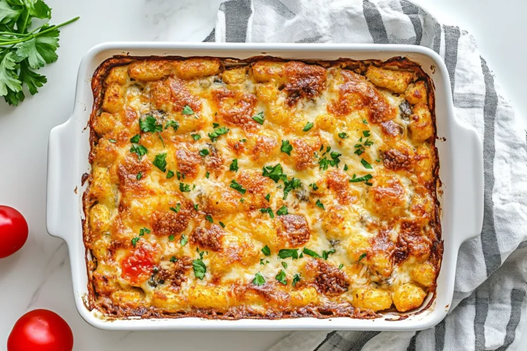 Tater tots breakfast bake in white rectangular dish with deeply golden tots, cheese, and fresh parsley garnish