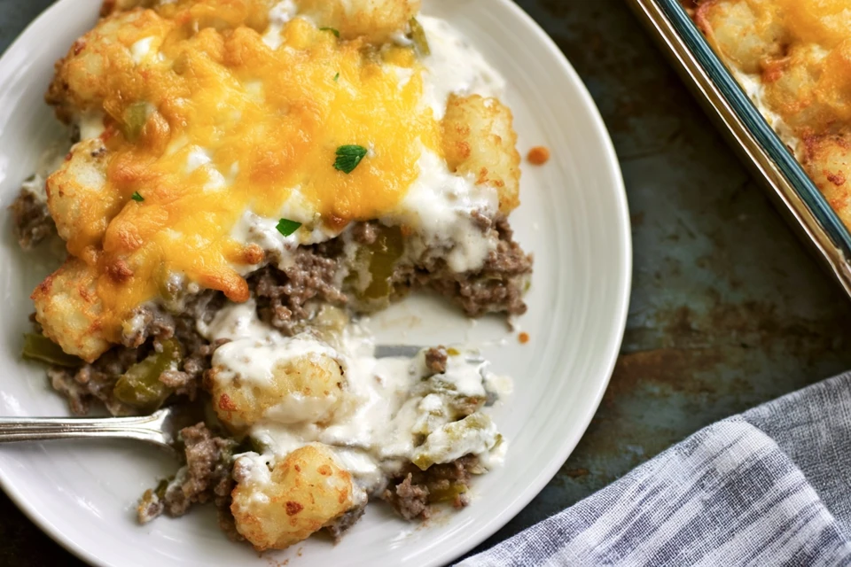 Easy Alfredo Tater Tot Beef Casserole recipe