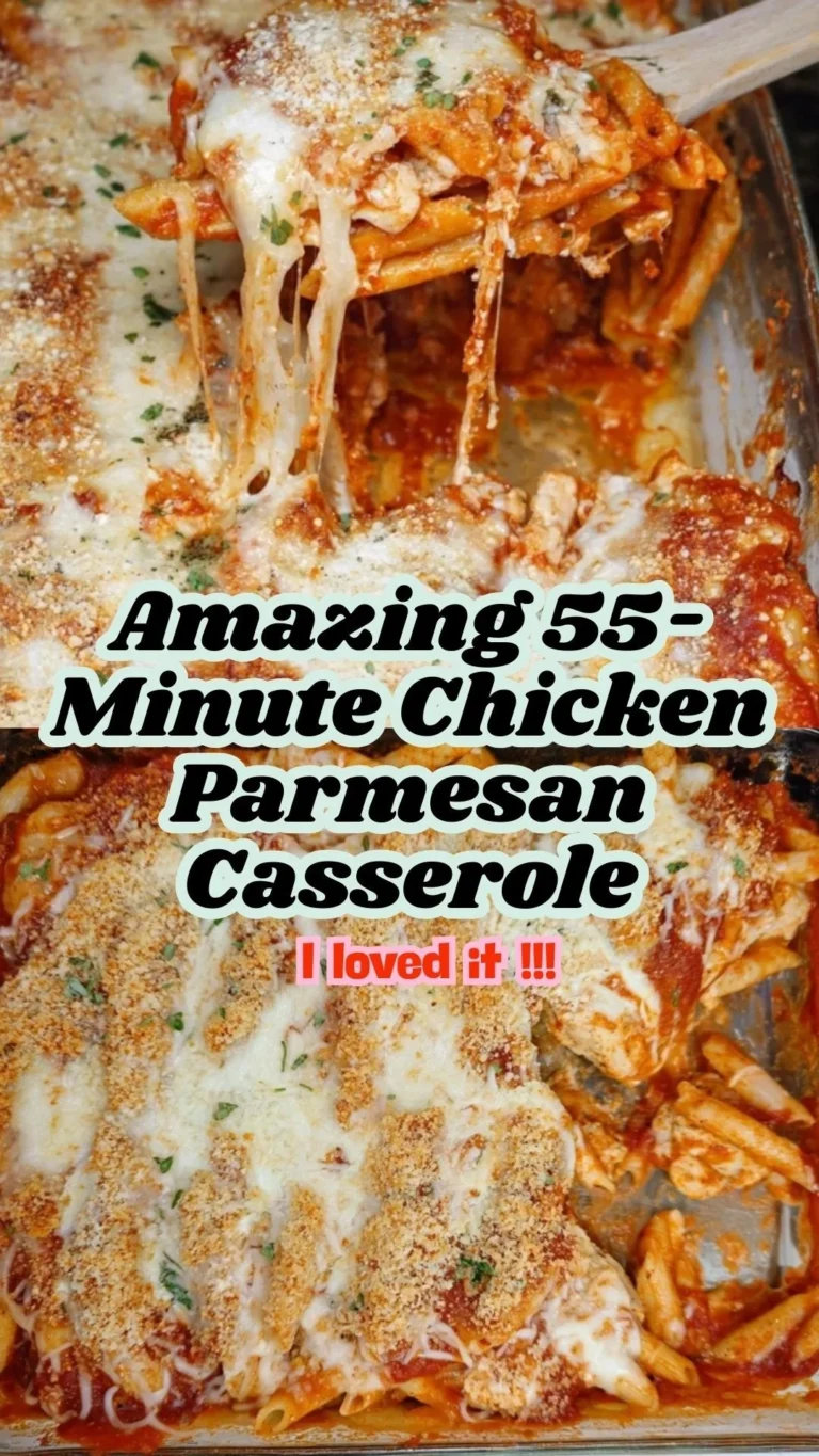 Delicious chicken parmesan casserole served in a baking dish