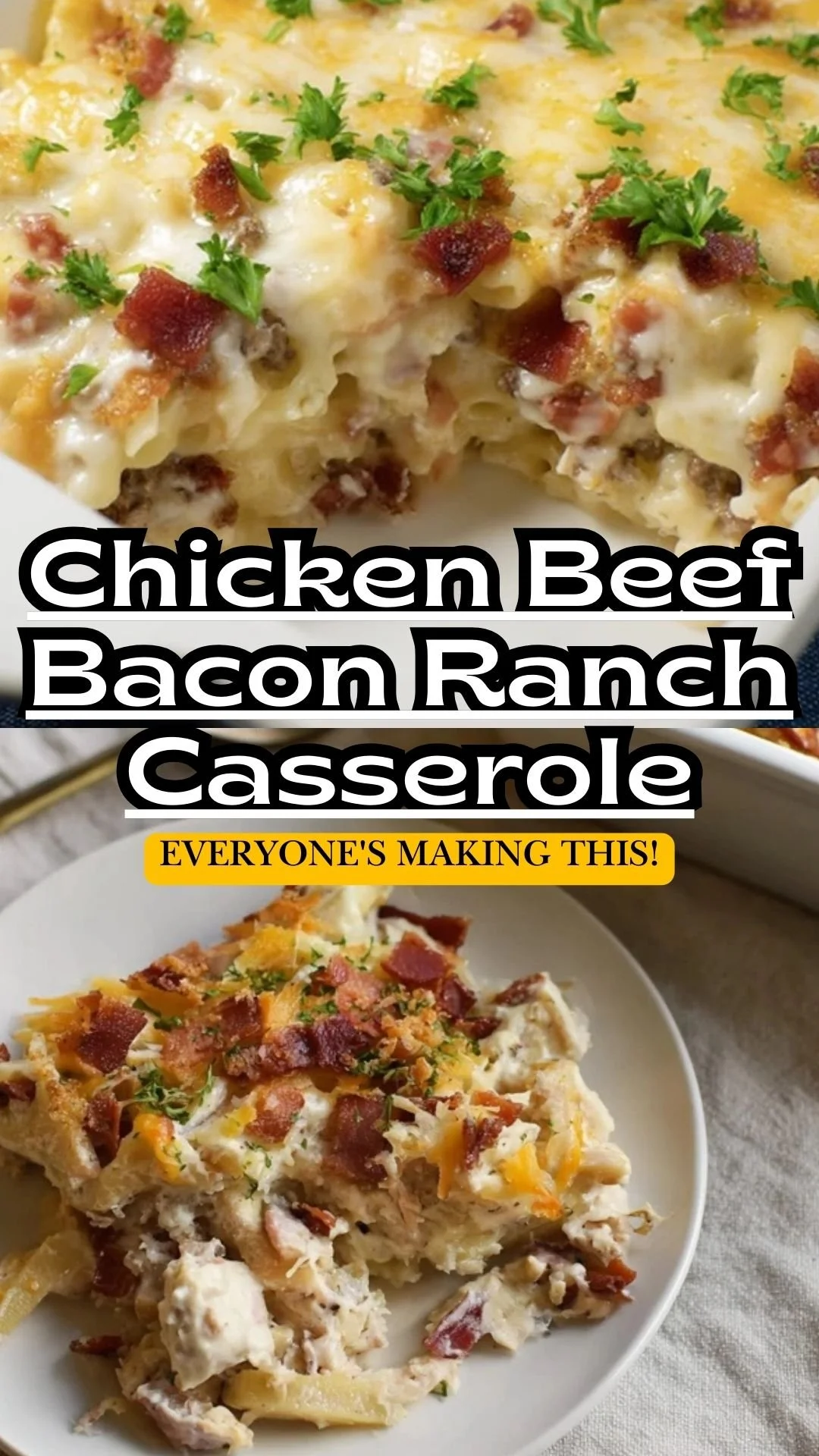 Delicious Chicken Beef Bacon Ranch Casserole served in a baking dish