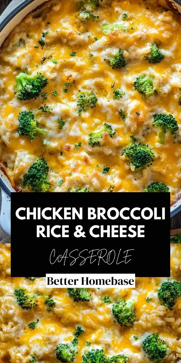Delicious chicken broccoli rice cheese casserole served in a baking dish