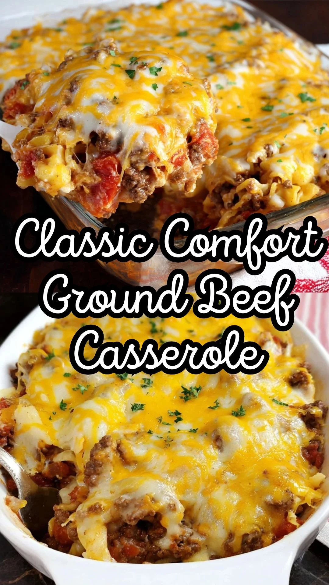 Delicious Classic Comfort Ground Beef Casserole topped with melted cheese