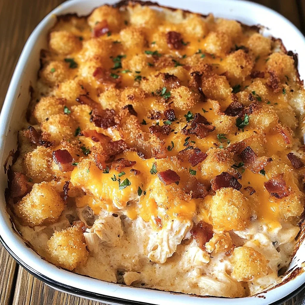 Delicious Cracked Out Chicken Tater Tot Casserole topped with melted cheese and crispy tots