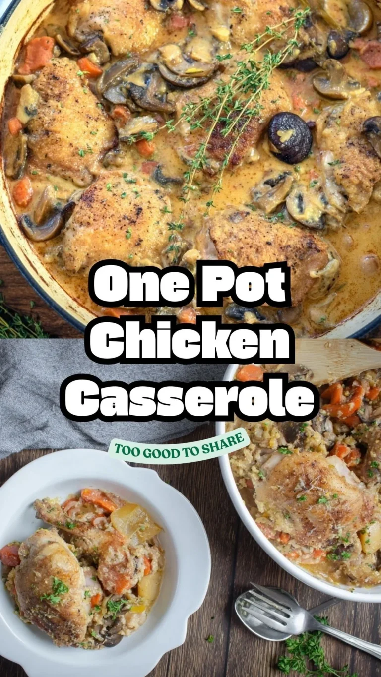 One Pot Chicken Casserole with vegetables and herbs cooked in a single pot.