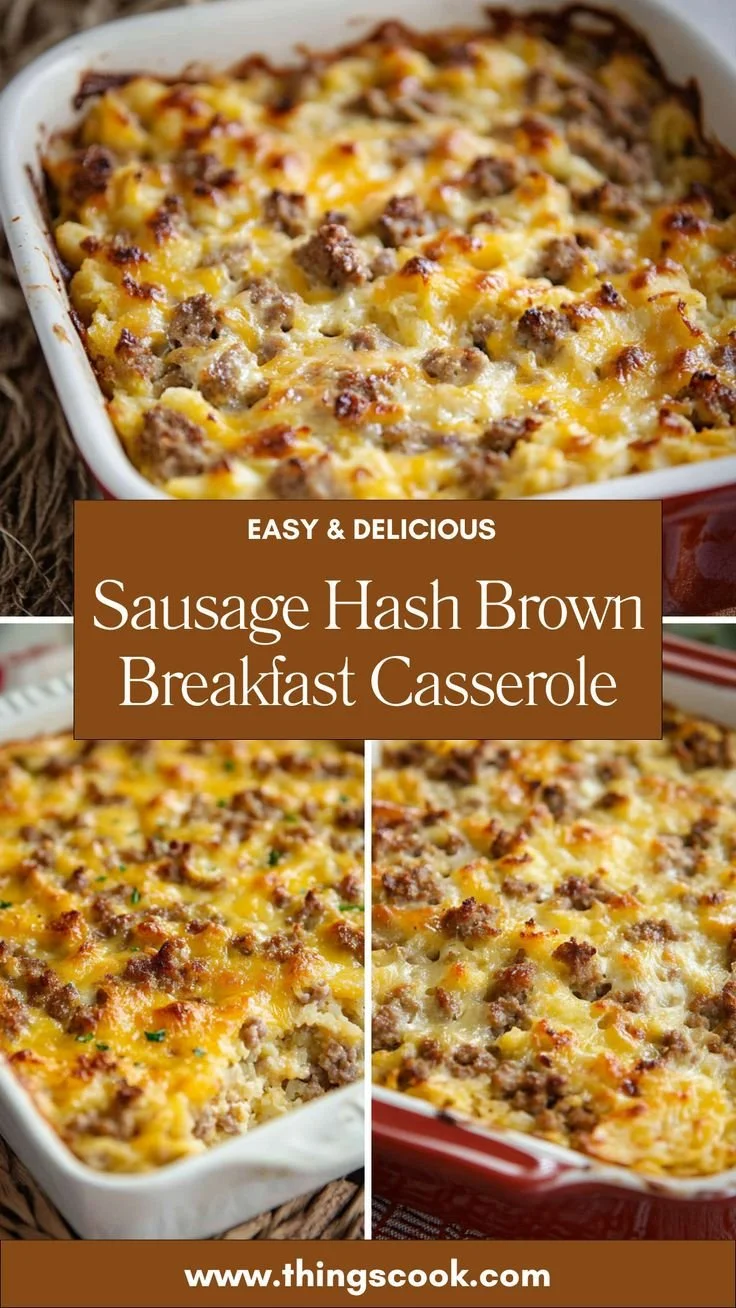 Sausage Hash Brown Breakfast Casserole in a baking dish, ready to serve.