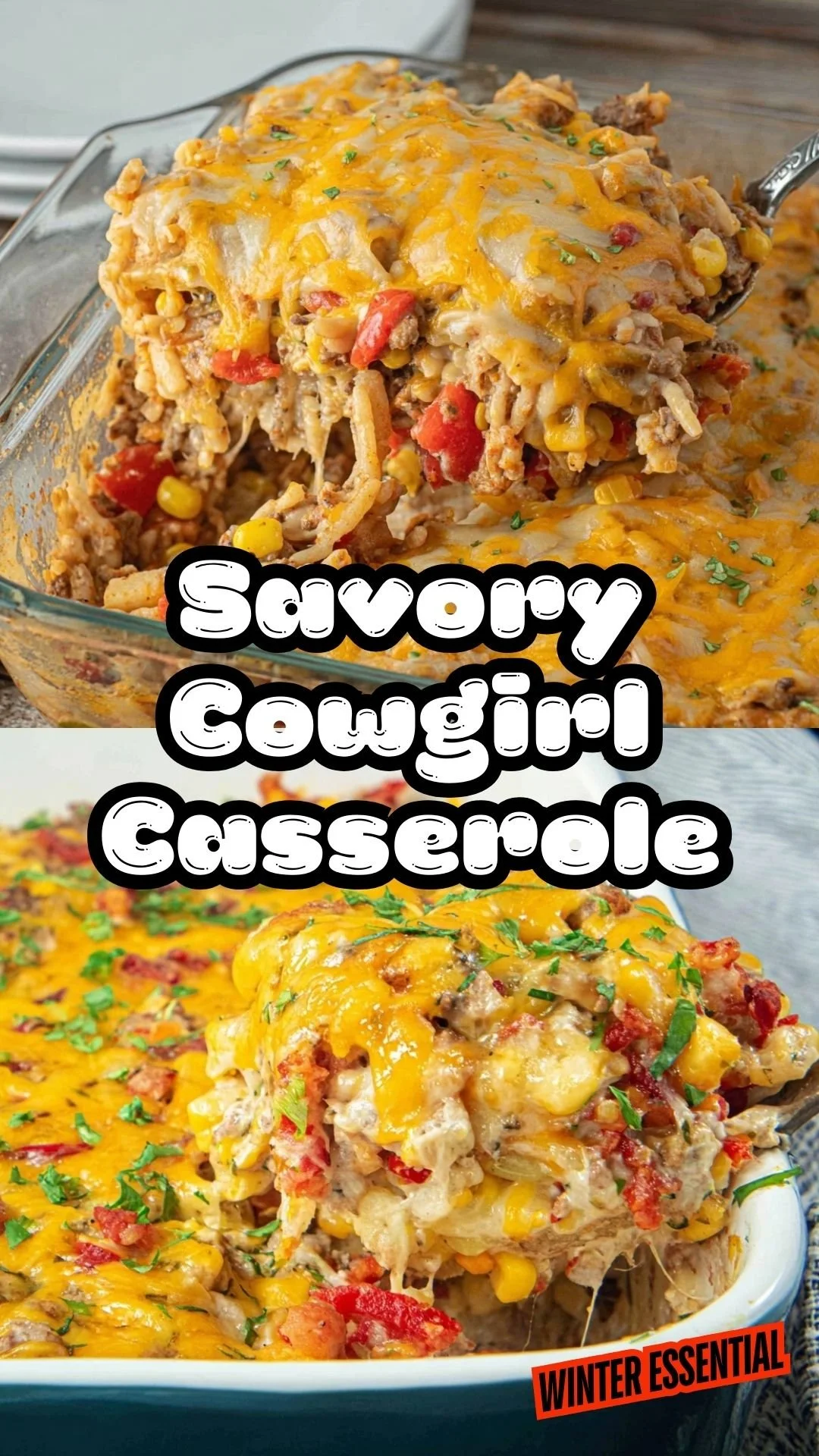 Delicious cowgirl casserole served in a rustic dish, topped with cheese and herbs.