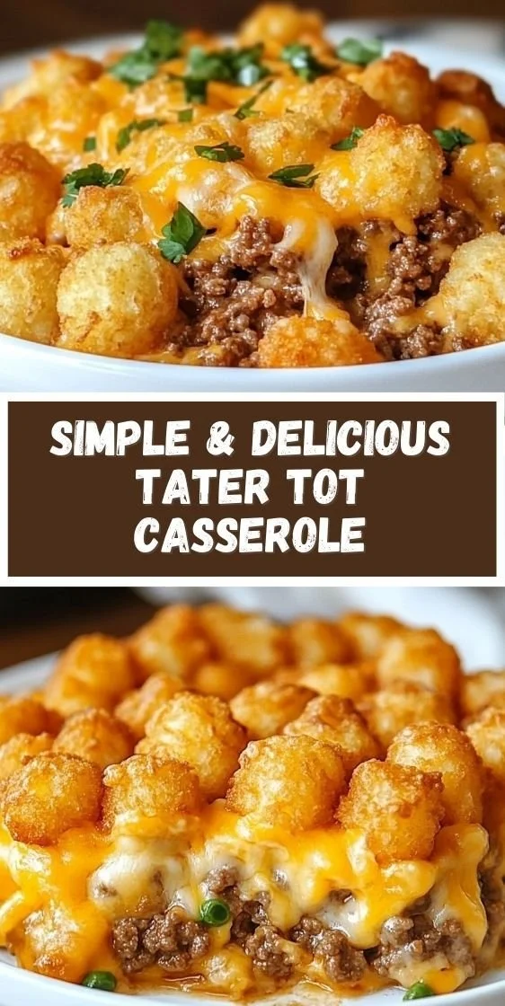Delicious tater tot casserole with ground beef and melted cheese