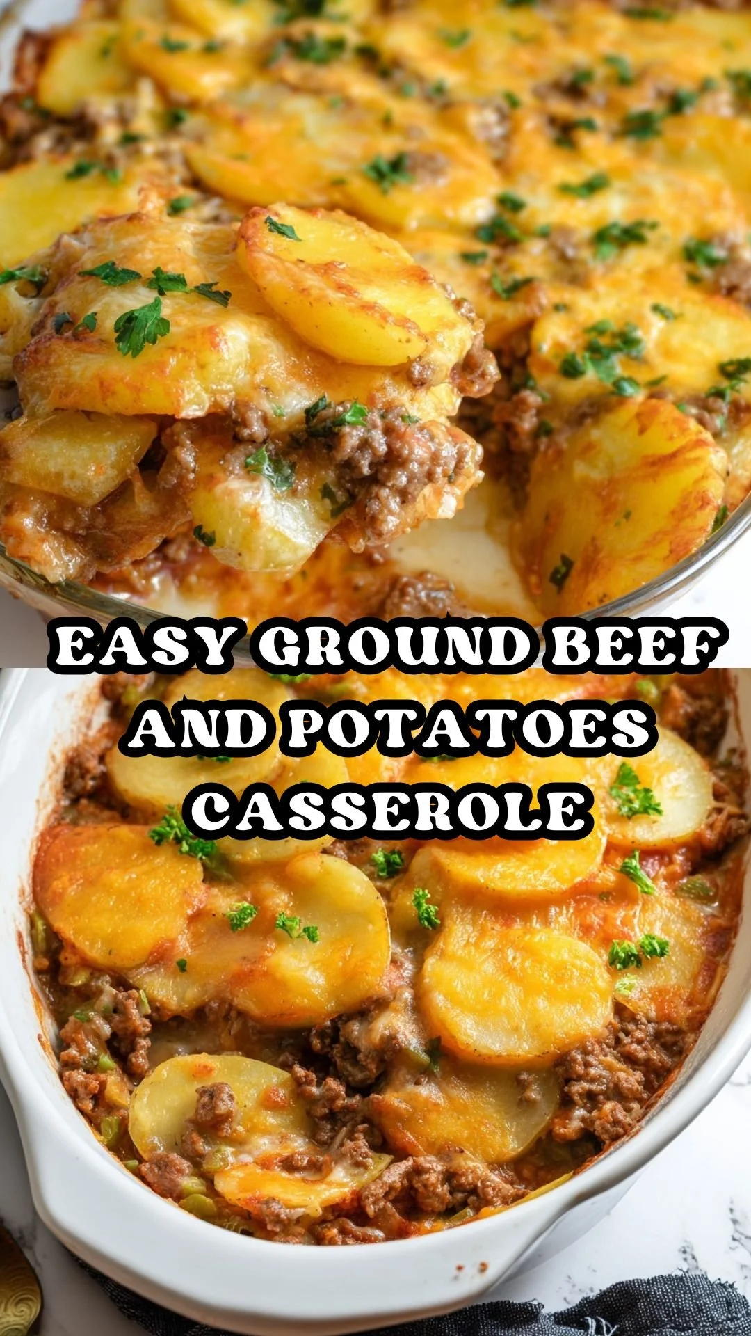 Delicious beef and potatoes casserole prepared and served in a baking dish.