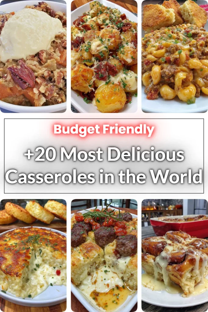 A variety of delicious casseroles arranged on a table, showcasing diverse flavors.