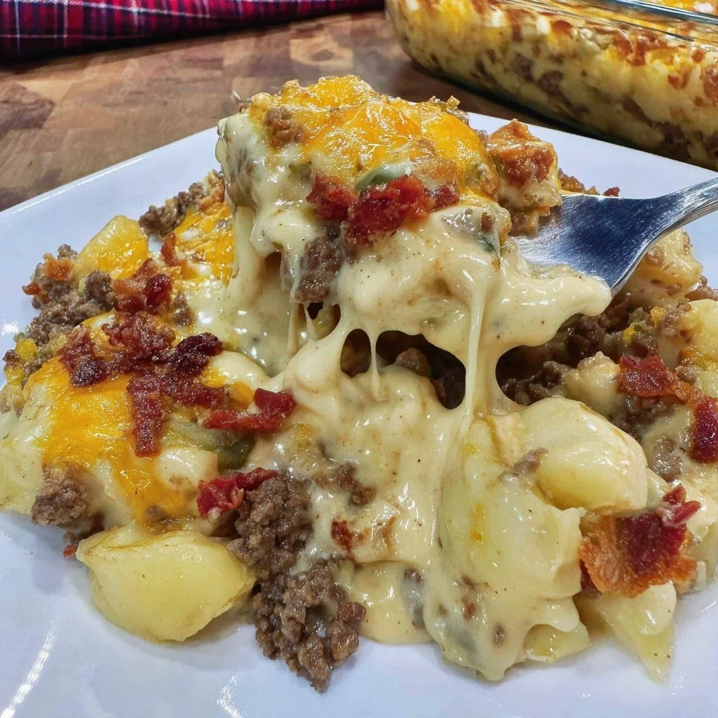 Cheesy hamburger potato casserole served in a baking dish