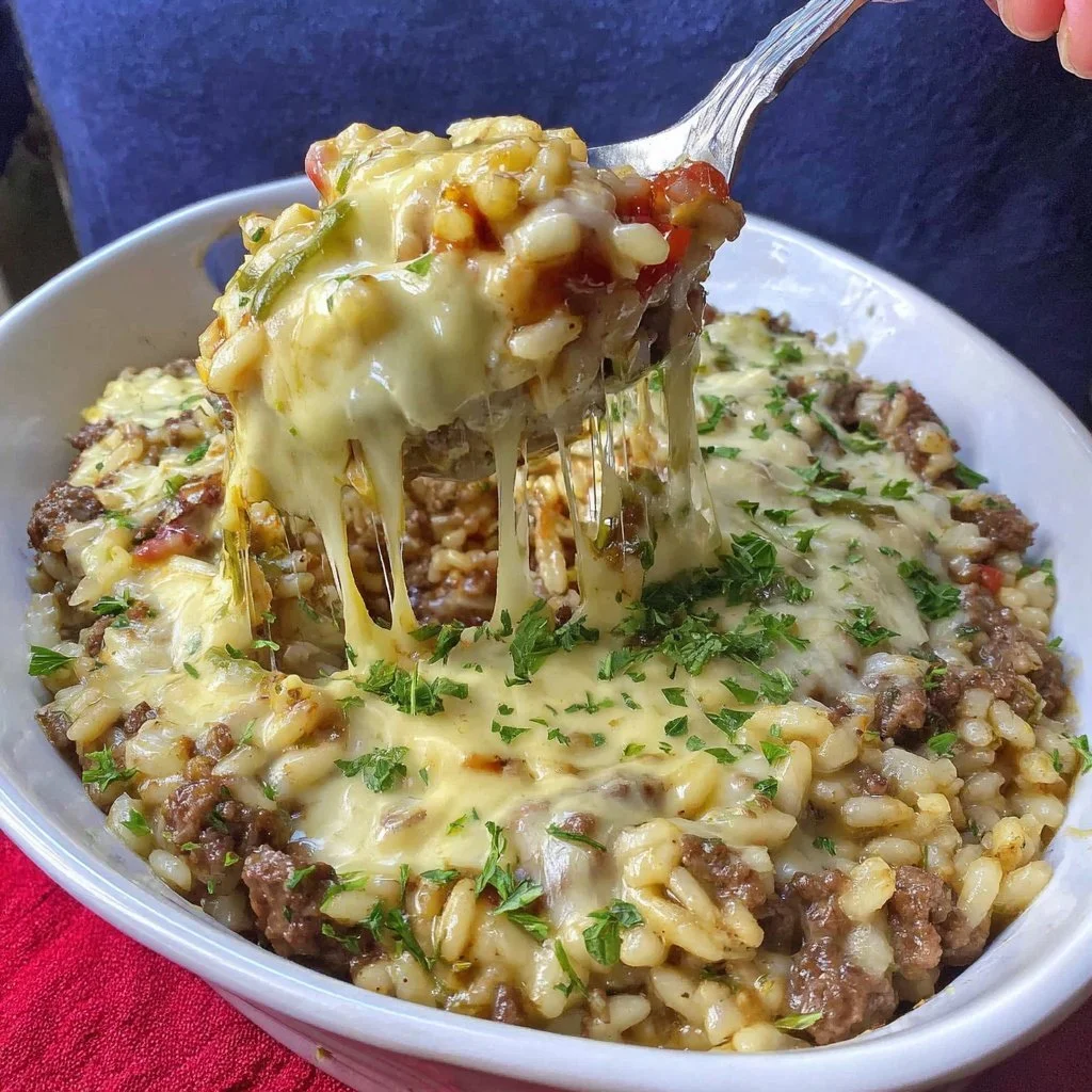 Cheesy Hamburger Rice Casserole dish garnished and ready to serve