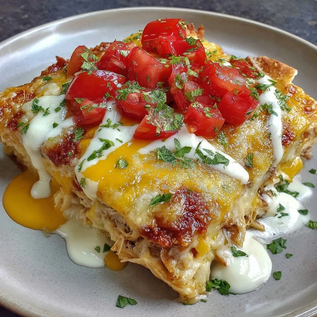 Delicious Chicken Burrito Casserole with cheese and toppings
