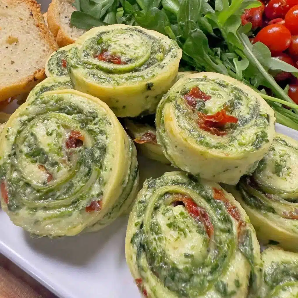 Classic Spinach Dip Pinwheels ready to serve for a party appetizer.