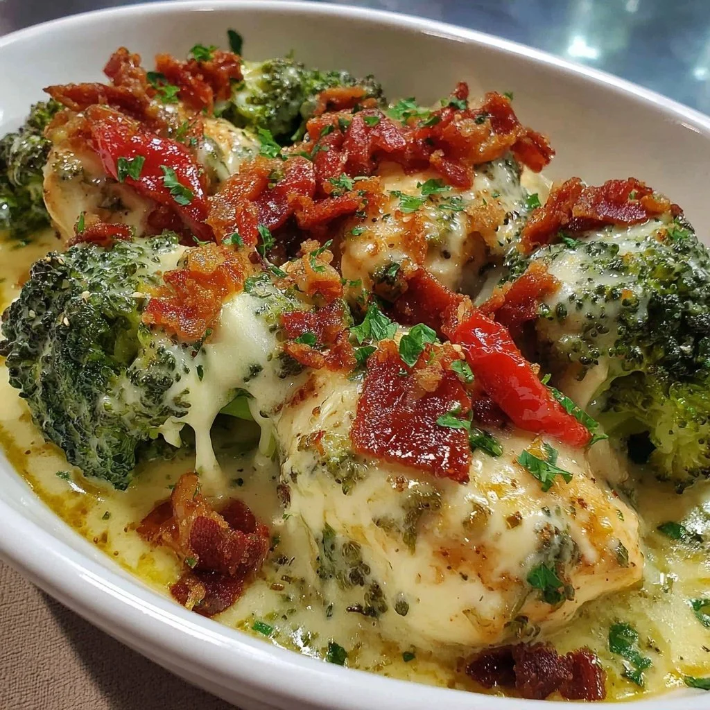 Creamy low carb chicken casserole with broccoli and bacon in a baking dish