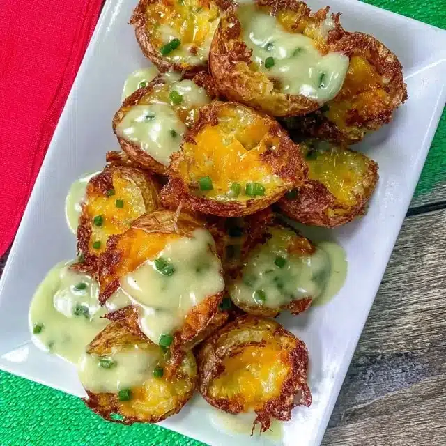 Golden brown crispy Irish Cheddar Potato Bites served with dipping sauce.