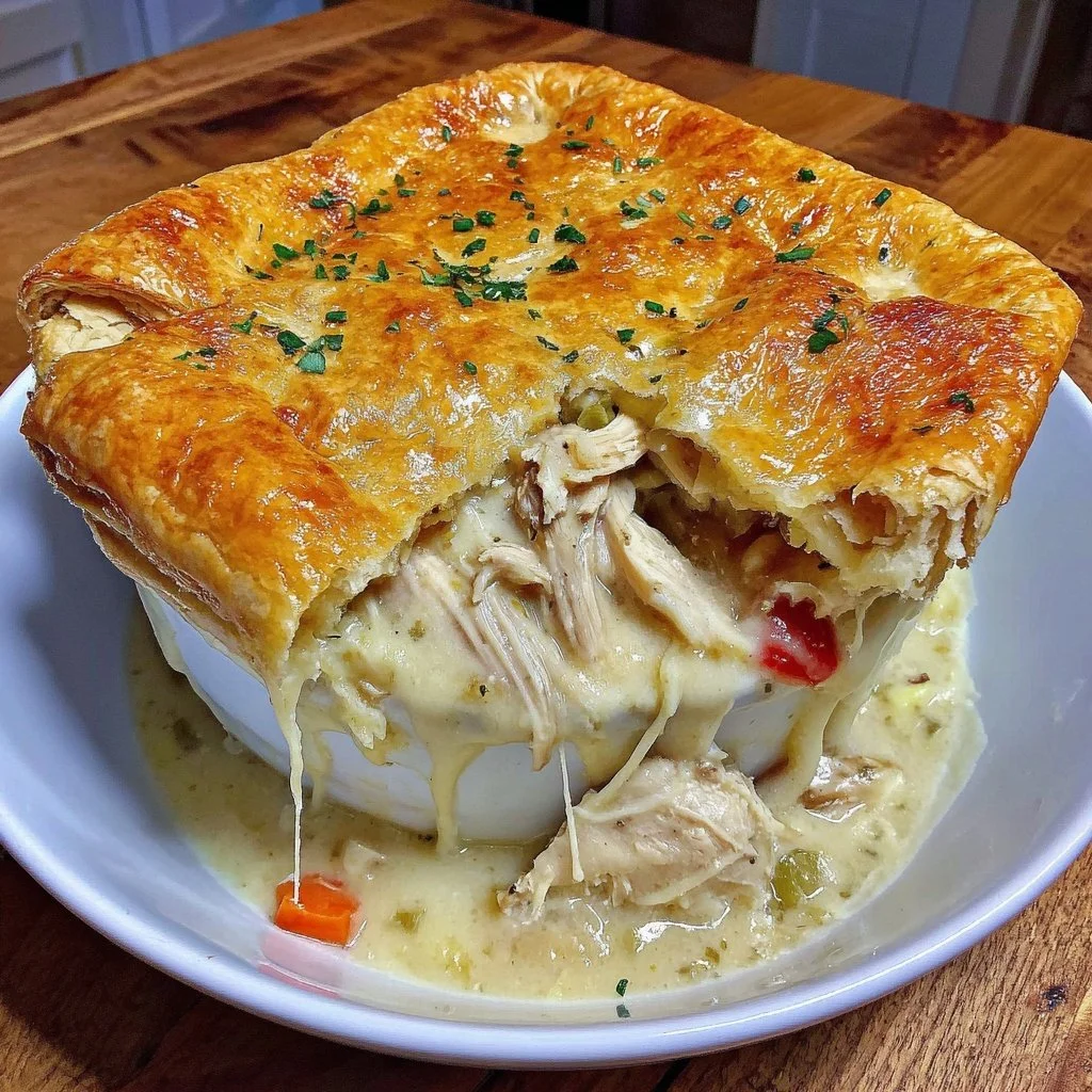 Delicious homemade chicken pot pie casserole served in a dish