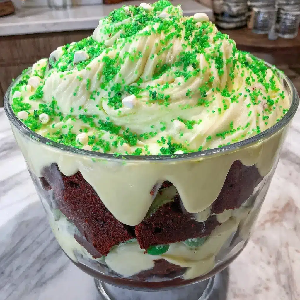 Delicious festive brownie trifle layered with chocolate and cream