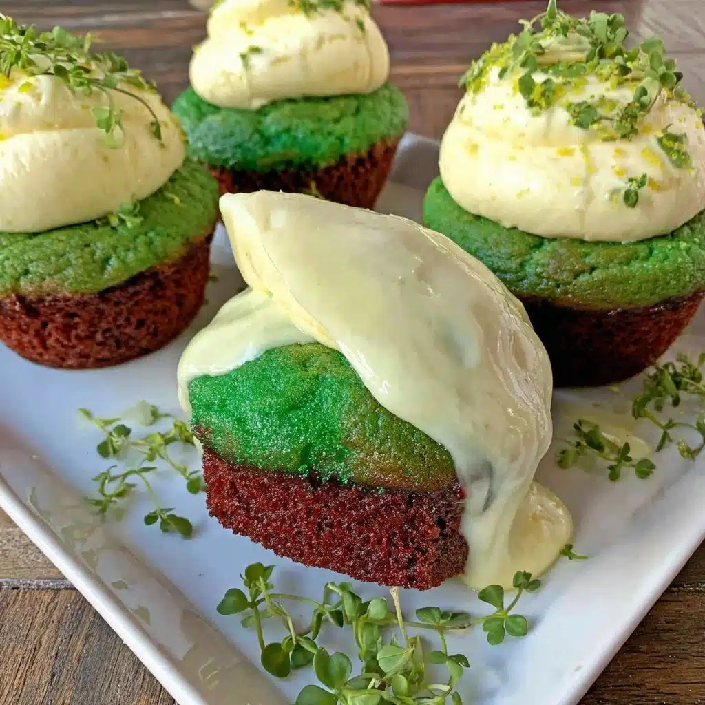 Delicious Green Velvet Cupcake topped with cream cheese frosting.