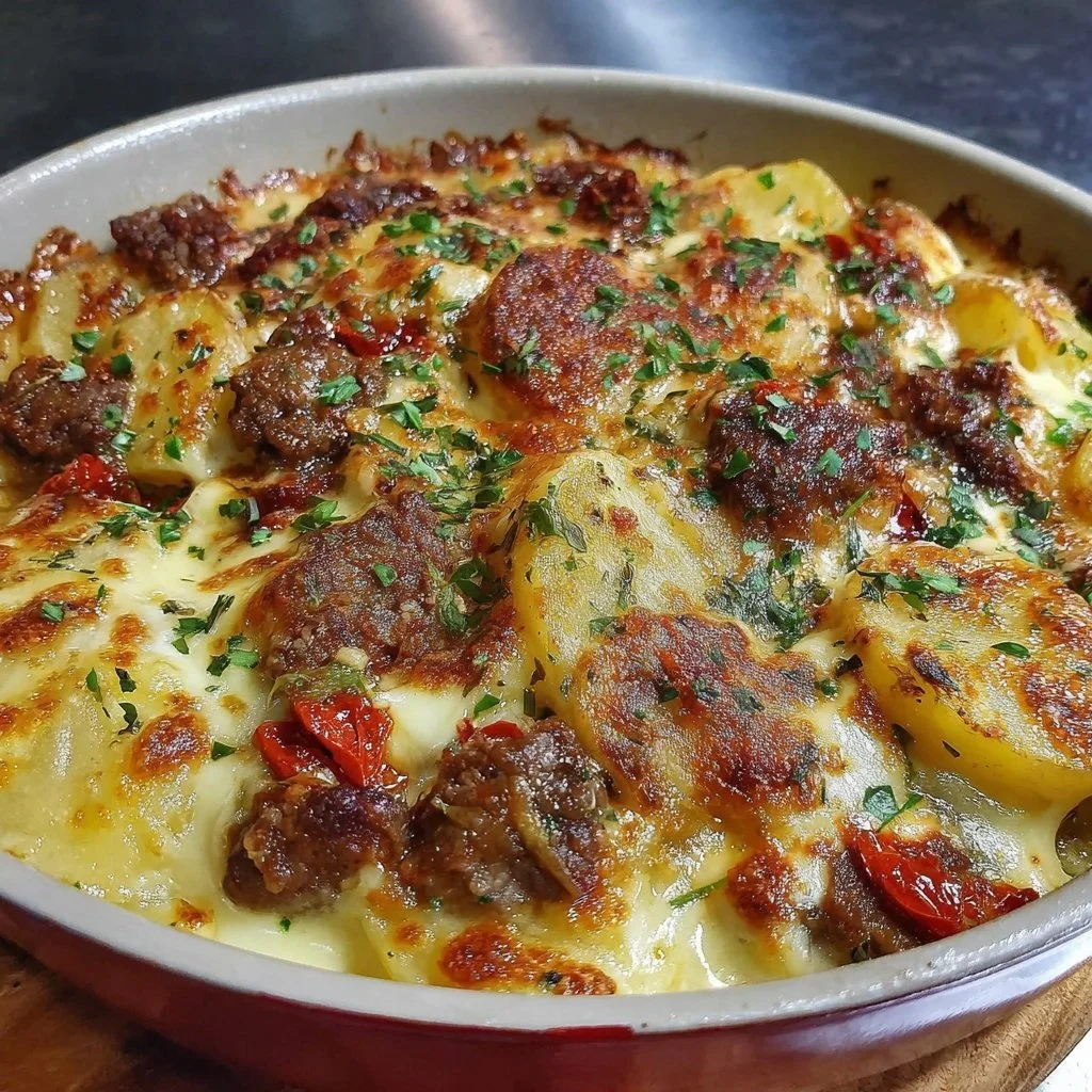 Hearty ground beef and potatoes casserole ready to serve.