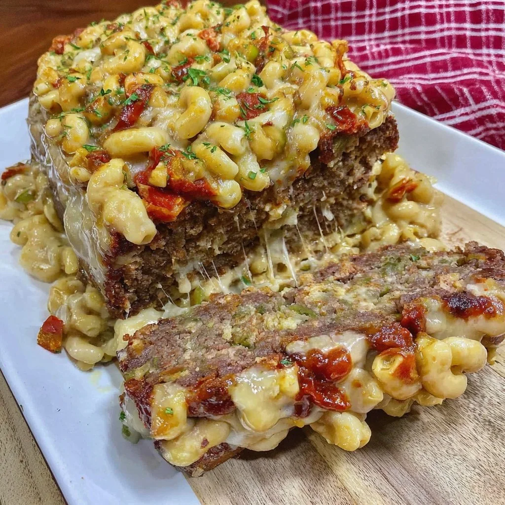 Delicious Mac and Cheese Meatloaf Casserole topped with cheese and herbs.