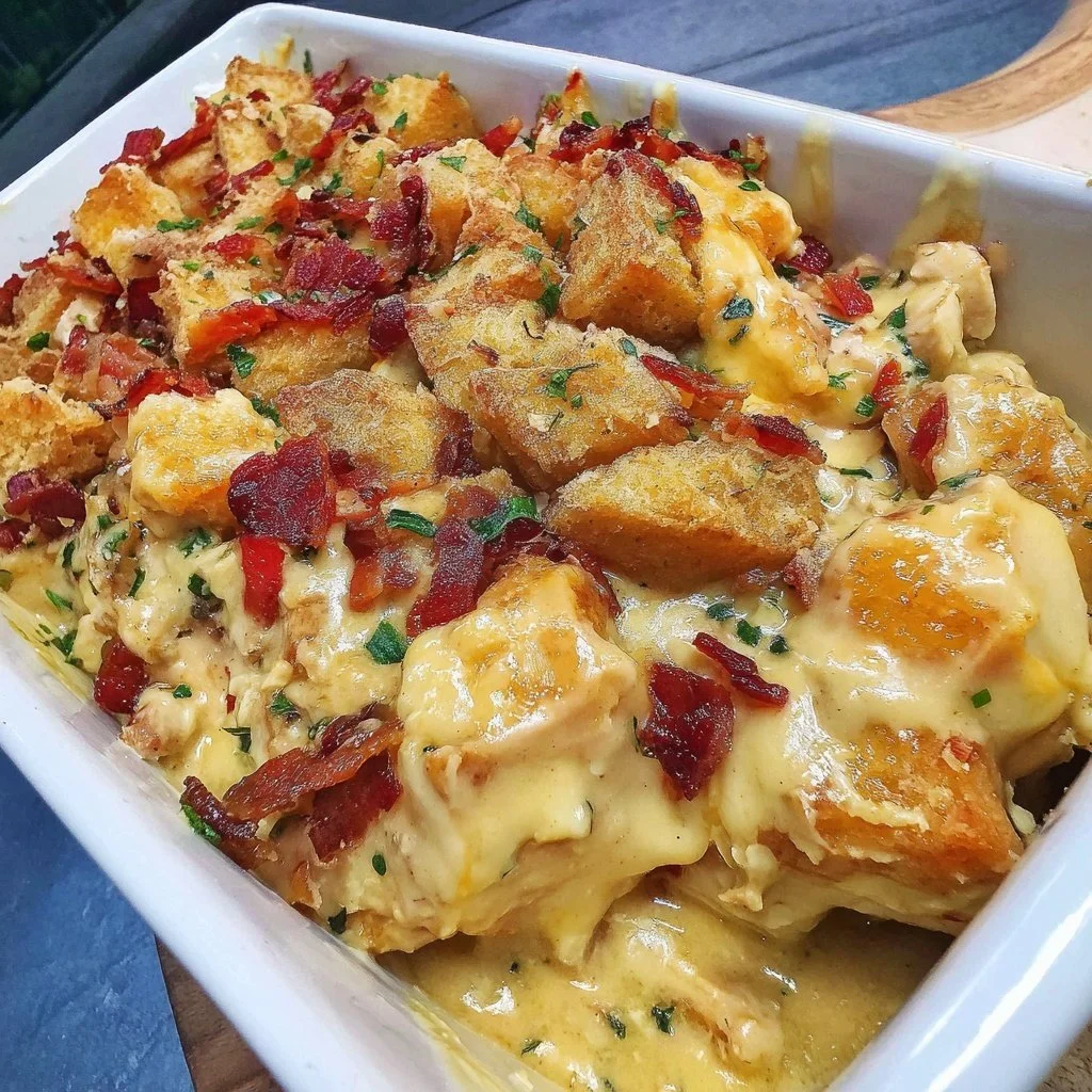 Delicious Million Dollar Chicken Casserole topped with cheese and herbs