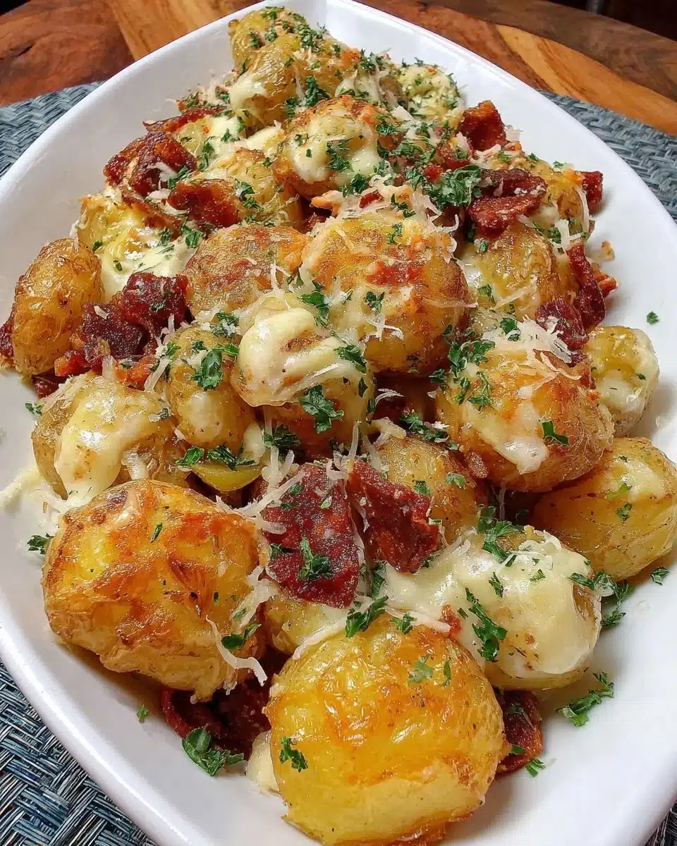 Oven baked Amish roasted potatoes and onions casserole served on a plate.