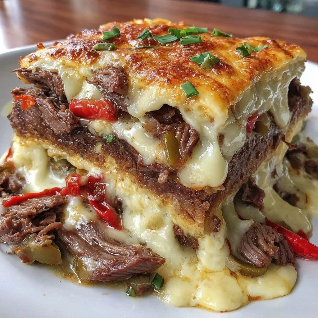 Delicious Philly cheese steak casserole topped with melted cheese and savory ingredients.
