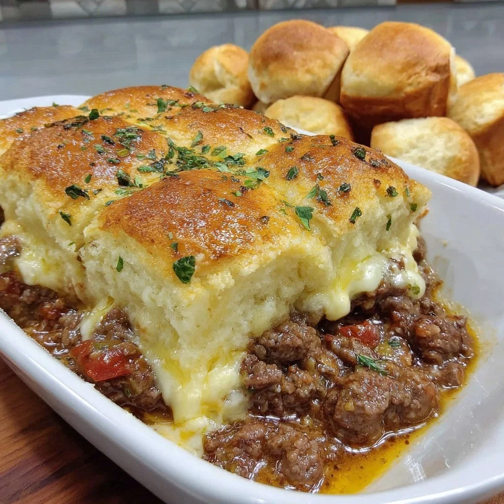 Delicious Sloppy Joe Casserole topped with melted cheese and fresh herbs