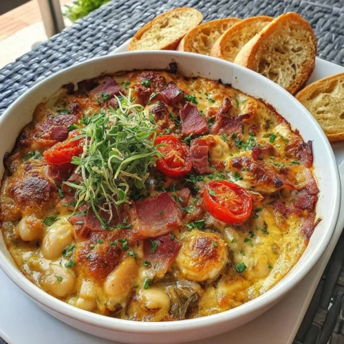 Baked ham and white bean casserole topped with fresh herbs