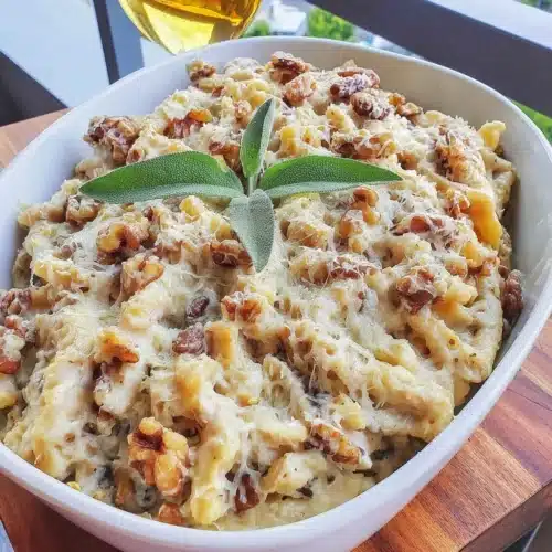 Delicious Brown Butter Sage Pasta Bake topped with toasted walnuts.