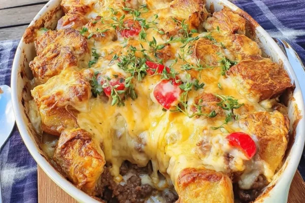 Cheesy Ground Beef and Potato Bake with Cheddar