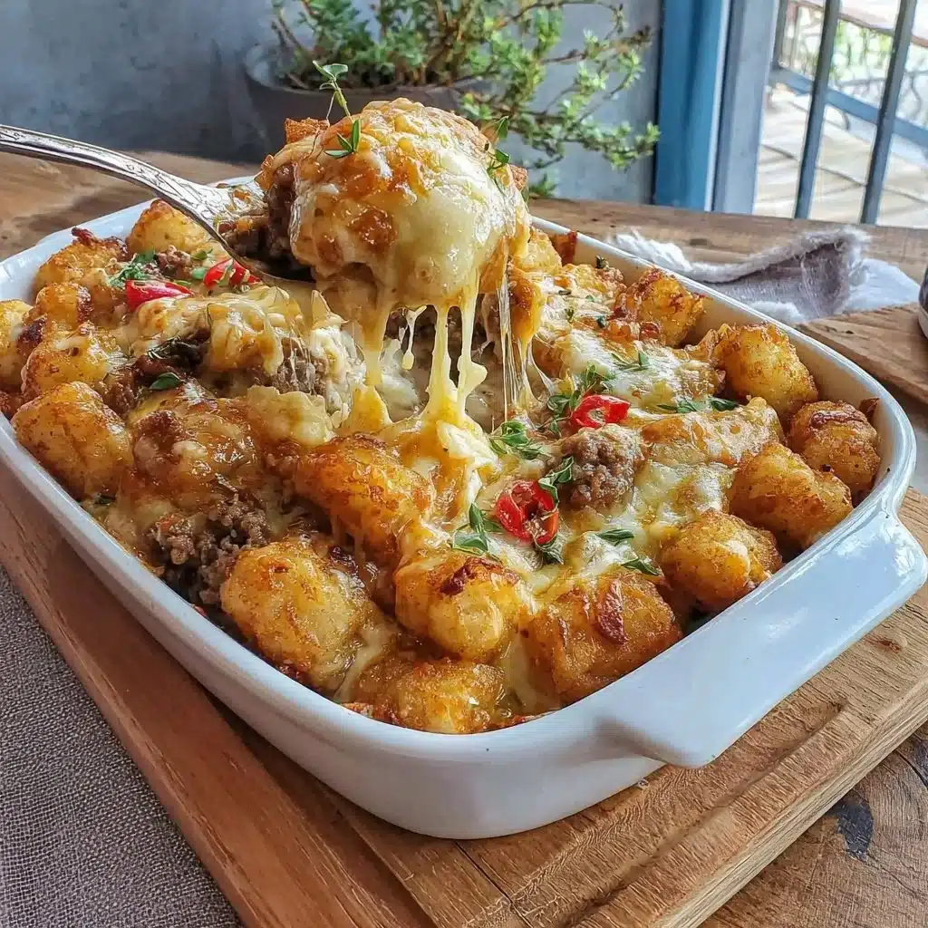 Delicious classic tater tot casserole topped with ground beef and cheesy sauce