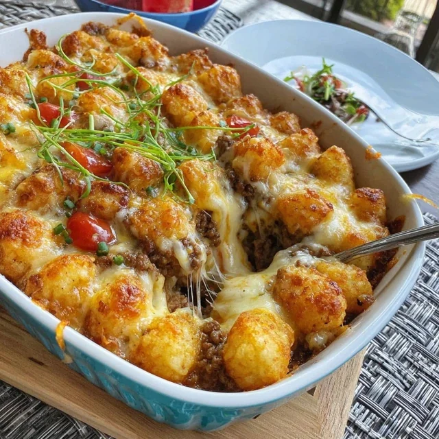 Classic Tater Tot Casserole with Ground Beef and Cheesy Sauce