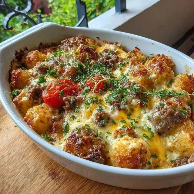 Classic Tater Tot Casserole with Ground Beef and Cheesy Sauce