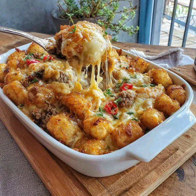 Classic Tater Tot Casserole with Ground Beef and Cheesy Sauce