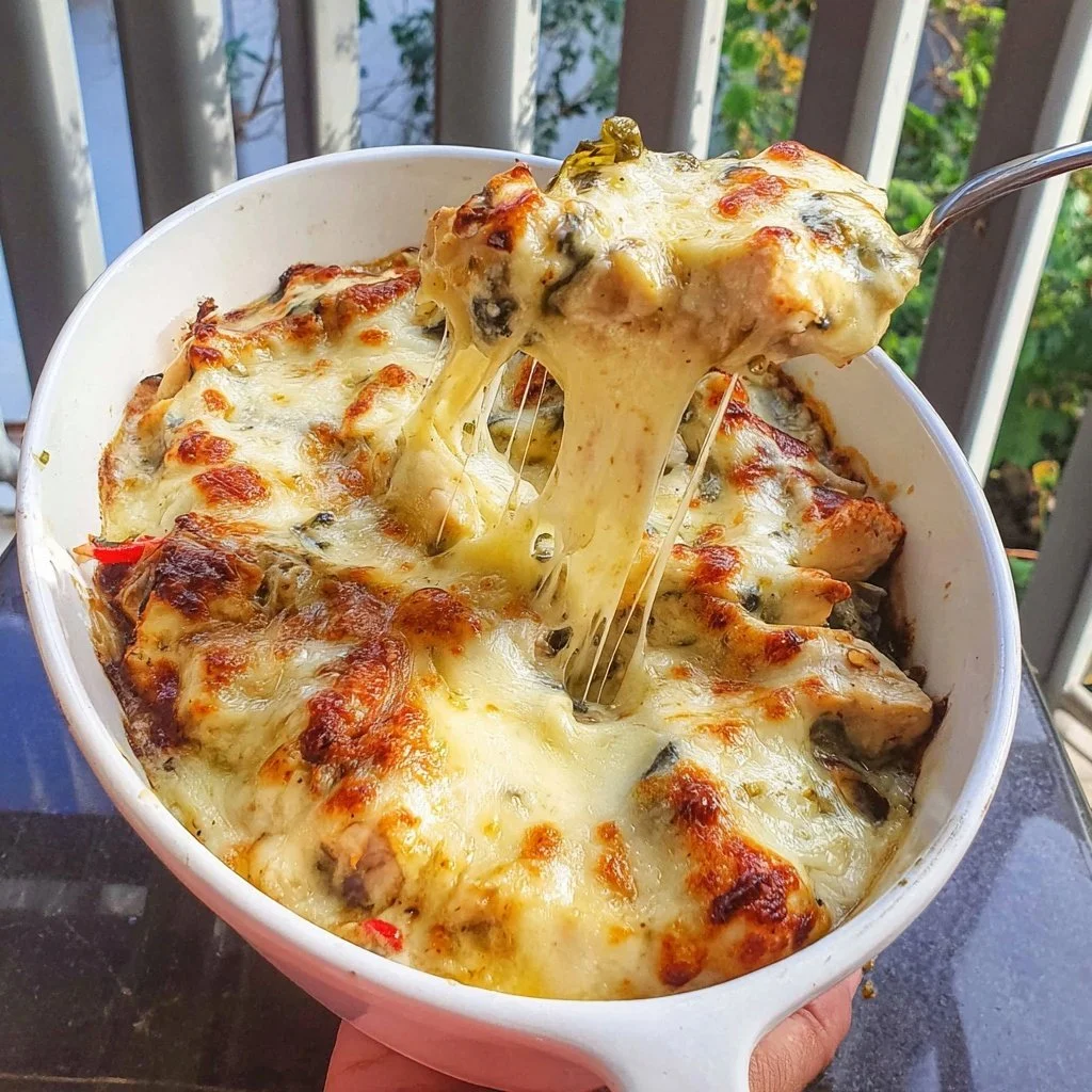 Creamy Chicken Spinach Casserole with Melted Cheese