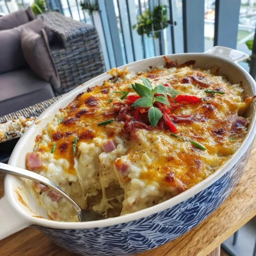 Bowl of creamy ham and rice casserole with vibrant vegetables