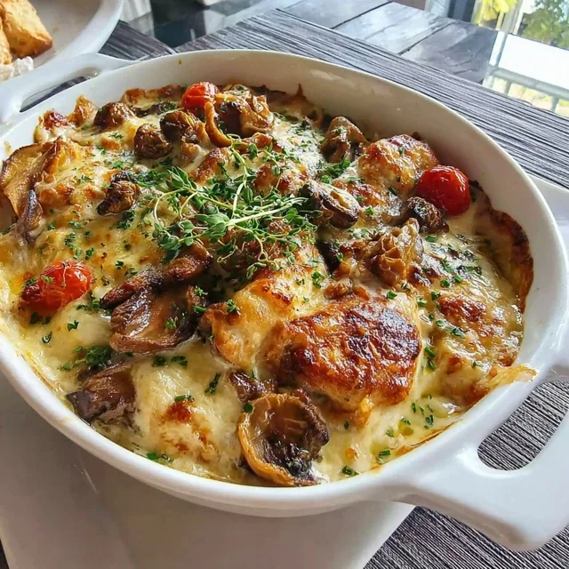 Creamy Morel Mushroom and Chicken Casserole Baked Until Bubbly