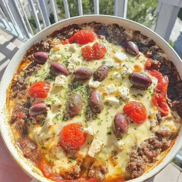 Greek Ground Beef Casserole with Feta and Kalamata Olives