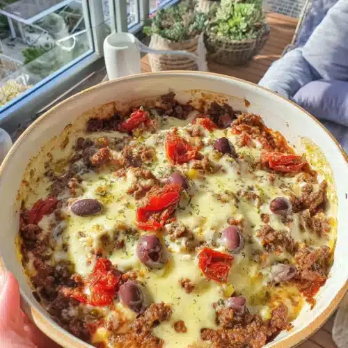 Greek minced beef casserole topped with feta and Kalamata olives served in a dish.