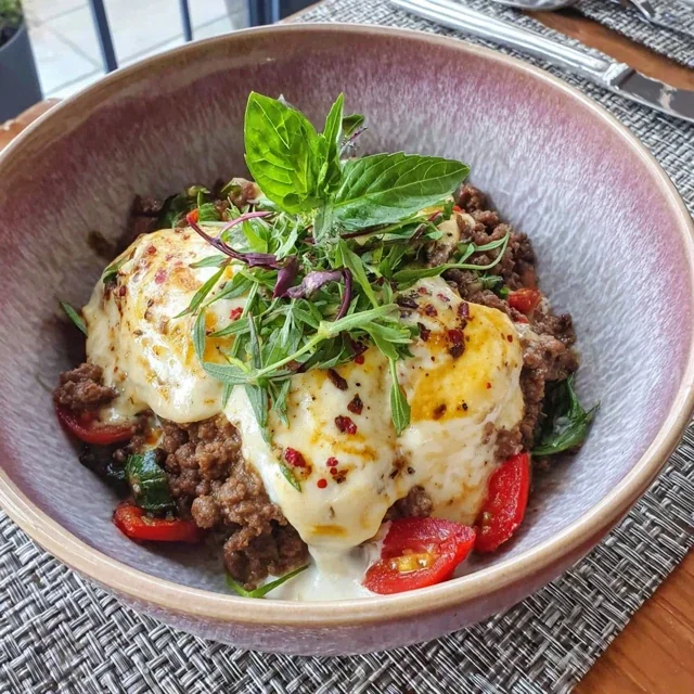 High-Protein Ground Beef Bowl with Creamy Cottage Cheese Sauce
